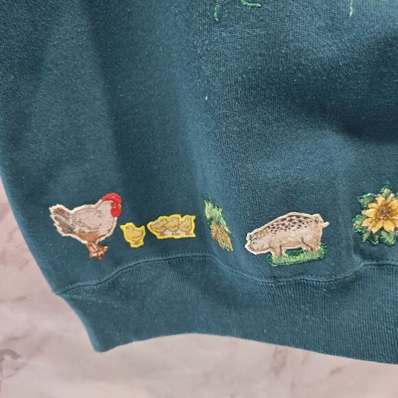Vintage Sweatshirt Womens Large Green Cow Pig Chickens Farm Upcycled - Picture 7 of 12